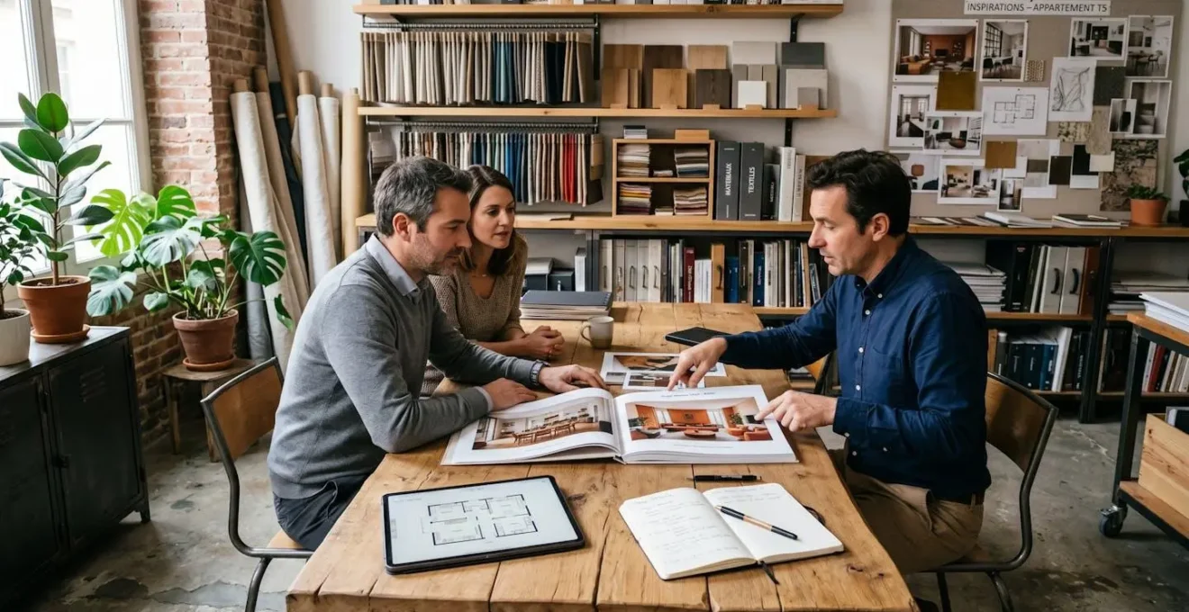 Décorateur professionnel présentant son portfolio de réalisations à un couple de clients lors d'une consultation dans son atelier