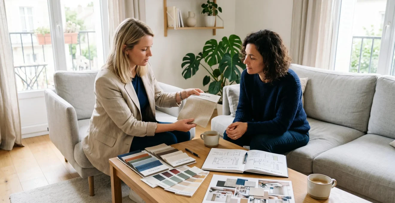 Décoratrice d'intérieur présentant des échantillons de tissus et une planche tendance à sa cliente dans un salon contemporain lumineux