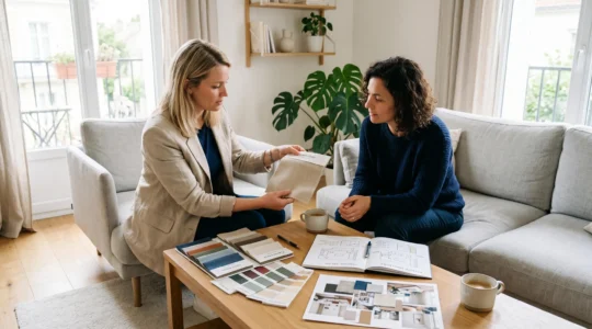 Décoratrice d'intérieur présentant des échantillons de tissus et une planche tendance à sa cliente dans un salon contemporain lumineux
