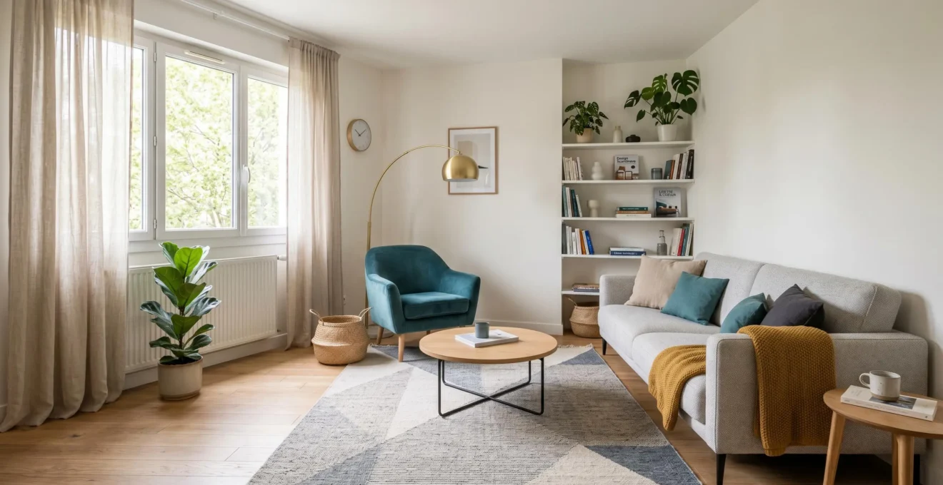 Salon contemporain harmonieusement décoré avec mobilier coordonné, plantes vertes et luminaires design dans une ambiance scandinave épurée